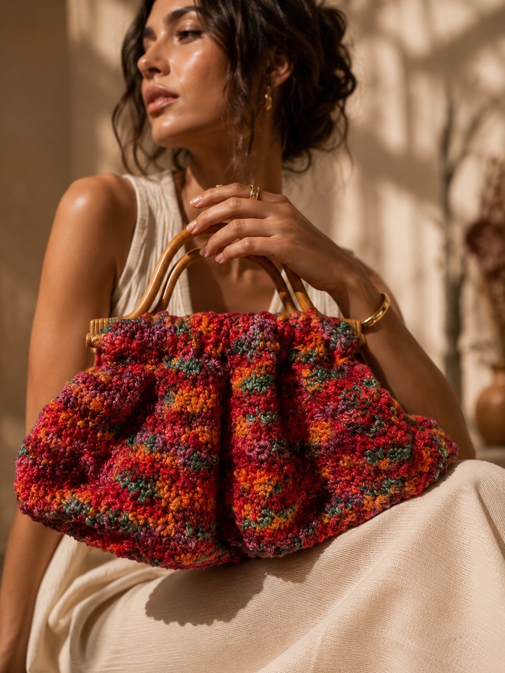 Handmade Crochet Boho Bag Multicolor Chunky Knit w/ Wooden Handles Vintage Style